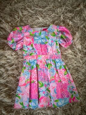 Lilly Pulitzer Pink Floral Puff-Sleeve Cotton Dress with Blue & Green Accents